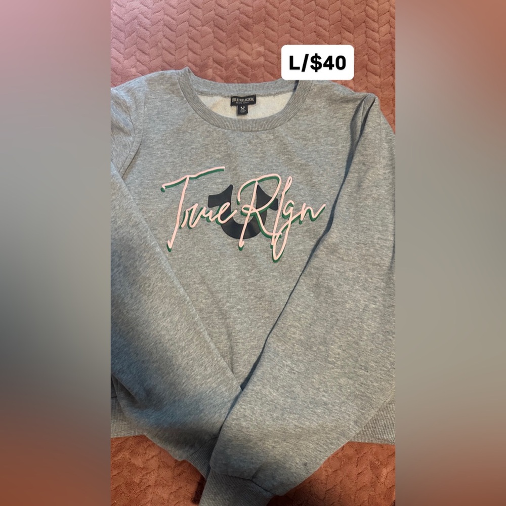 True Religion Heather Gray Crewneck with Pink Accents